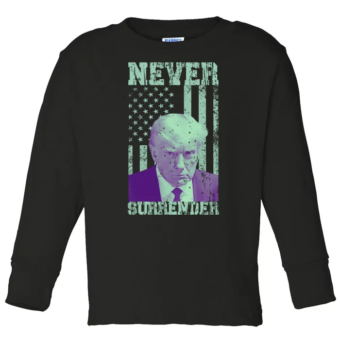 Never Surrender Trump Mugshot Toddler Long Sleeve Shirt