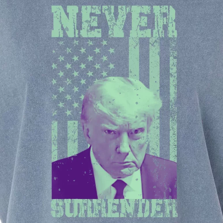 Never Surrender Trump Mugshot Garment-Dyed Women's Muscle Tee