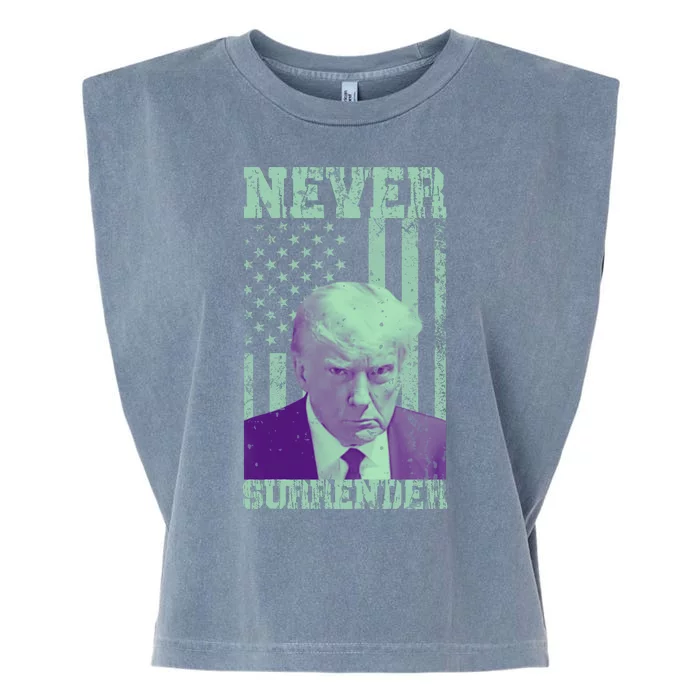 Never Surrender Trump Mugshot Garment-Dyed Women's Muscle Tee