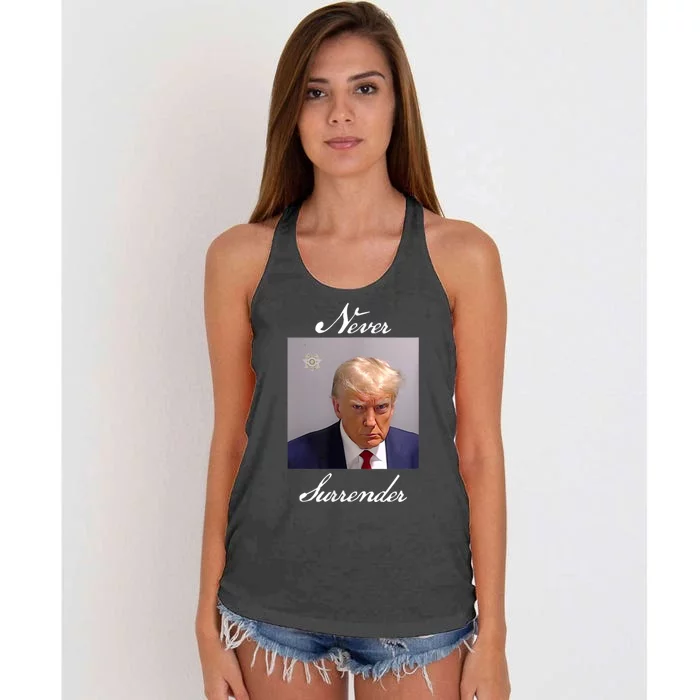 Never Surrender Trump Mug Shot Women's Knotted Racerback Tank