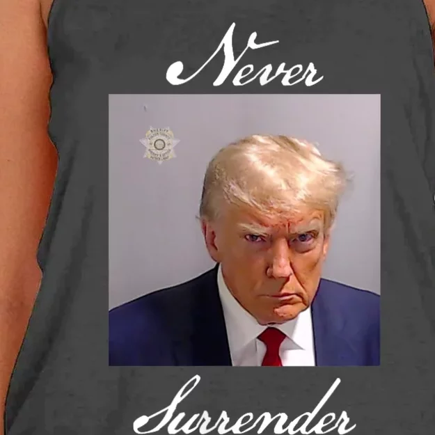 Never Surrender Trump Mug Shot Women's Knotted Racerback Tank