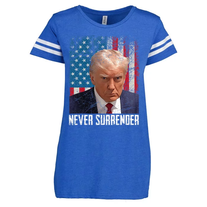 Never Surrender Trump Mug Shot 2024 President American Flag Enza Ladies Jersey Football T-Shirt