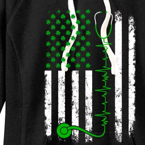 Nurse Shamrock Us Flag Stethoscope St Patricks Day Heartbeat Gift Women's Fleece Hoodie