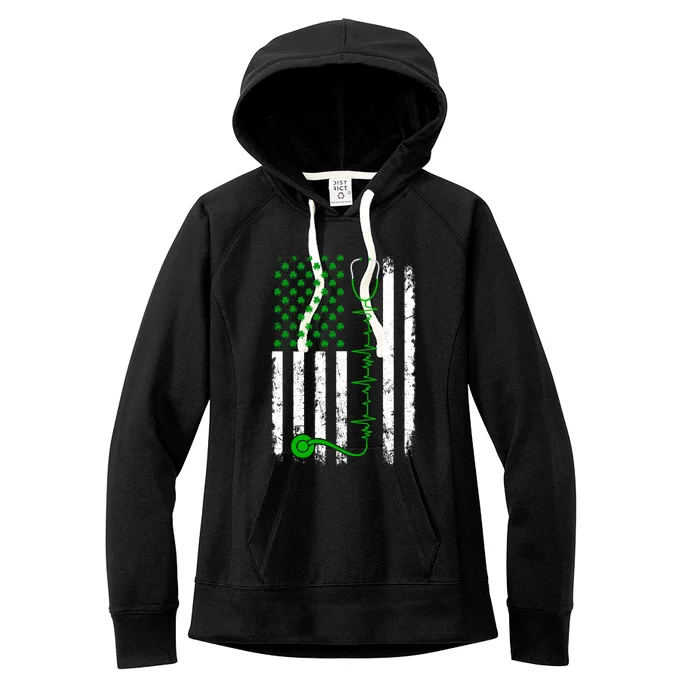 Nurse Shamrock Us Flag Stethoscope St Patricks Day Heartbeat Gift Women's Fleece Hoodie