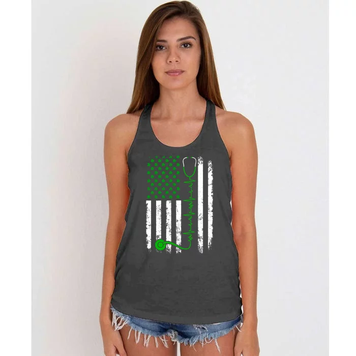 Nurse Shamrock Us Flag Stethoscope St Patricks Day Heartbeat Gift Women's Knotted Racerback Tank