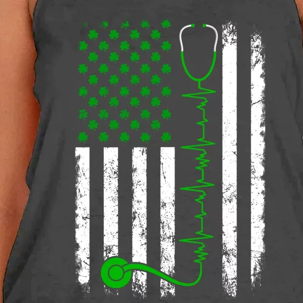 Nurse Shamrock Us Flag Stethoscope St Patricks Day Heartbeat Gift Women's Knotted Racerback Tank