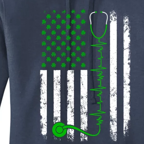 Nurse Shamrock Us Flag Stethoscope St Patricks Day Heartbeat Gift Women's Pullover Hoodie