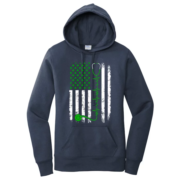 Nurse Shamrock Us Flag Stethoscope St Patricks Day Heartbeat Gift Women's Pullover Hoodie