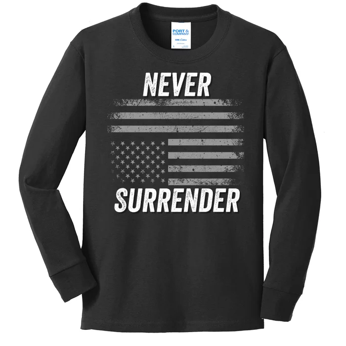 Never Surrender Usa Under Distress Distressed Usa Flag Save Our Republic 2024 Kids Long Sleeve Shirt