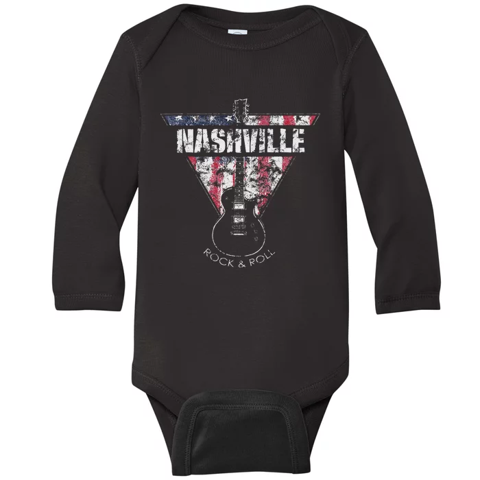 Nashville Souvenir Vintage American Flag Guitar Player Baby Long Sleeve Bodysuit