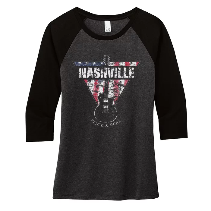 Nashville Souvenir Vintage American Flag Guitar Player Women's Tri-Blend 3/4-Sleeve Raglan Shirt