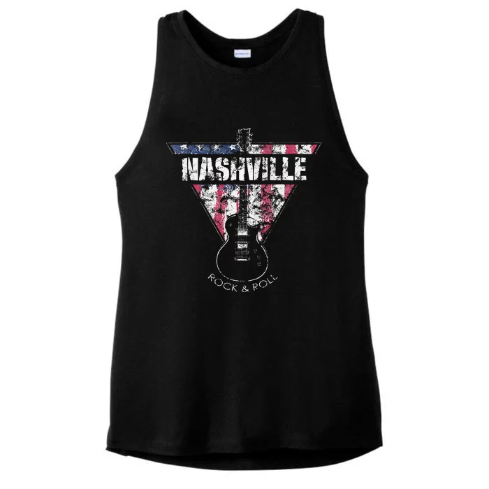 Nashville Souvenir Vintage American Flag Guitar Player Ladies Tri-Blend Wicking Tank