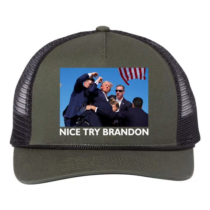 Nice Try Brandon Donald Trump Rally Failed Assassination Retro Rope Trucker Hat Cap