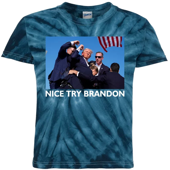 Nice Try Brandon Donald Trump Rally Failed Assassination Kids Tie-Dye T-Shirt