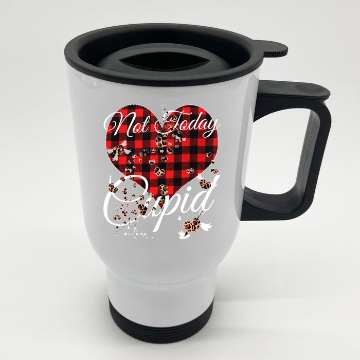 Not Today Cupid Cute Red Plaid Leopard Hearts Valentines Day Meaningful Gift Front & Back Stainless Steel Travel Mug