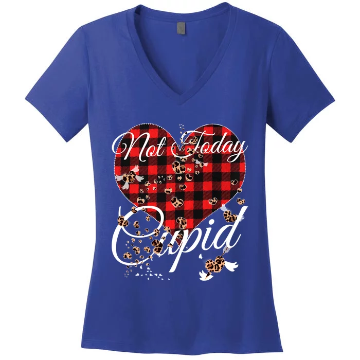 Not Today Cupid Cute Red Plaid Leopard Hearts Valentines Day Gift Women's V-Neck T-Shirt