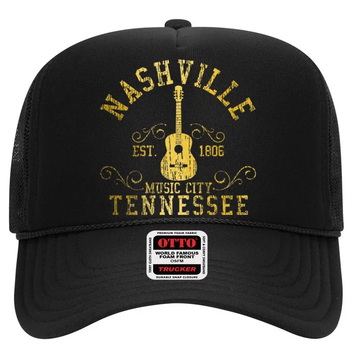 Nashville Tennessee Country Music City Guitar Vintage Nash High Crown Mesh Trucker Hat