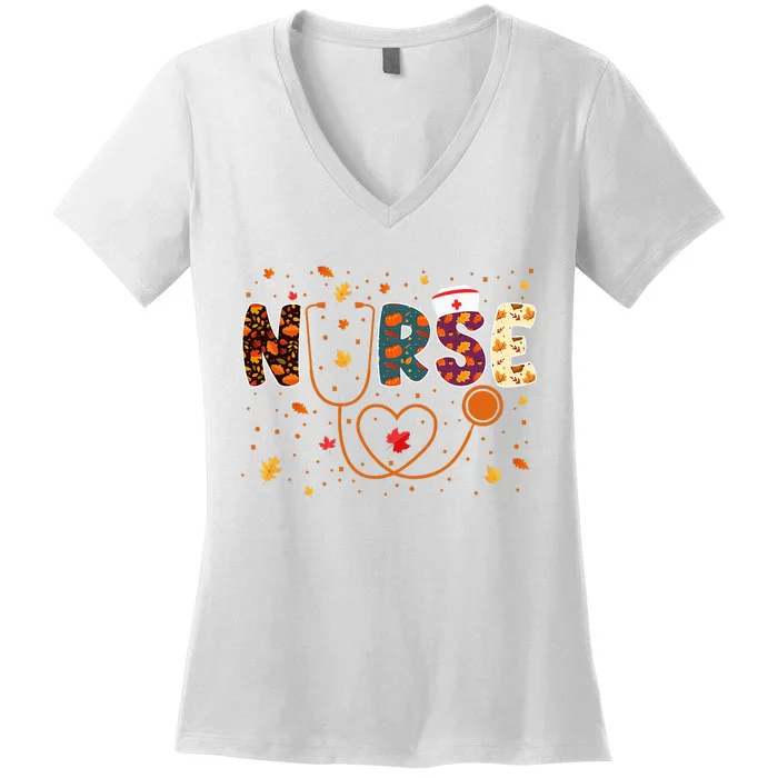 Nursing Thanksgiving Day Stethoscope Fall Nurse Costume Women's V-Neck T-Shirt