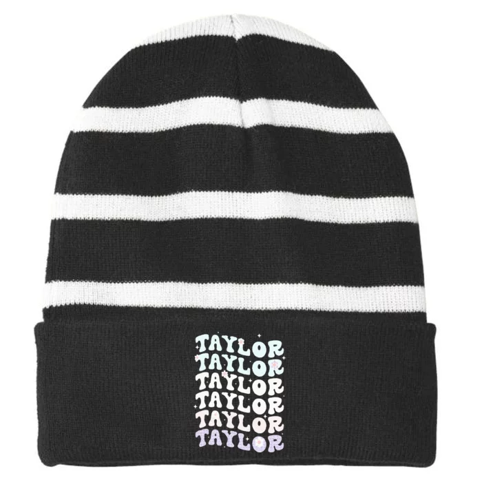 Name T.AYLOR Girl Boy Retro Groovy 80's 70's Colourful Striped Beanie with Solid Band