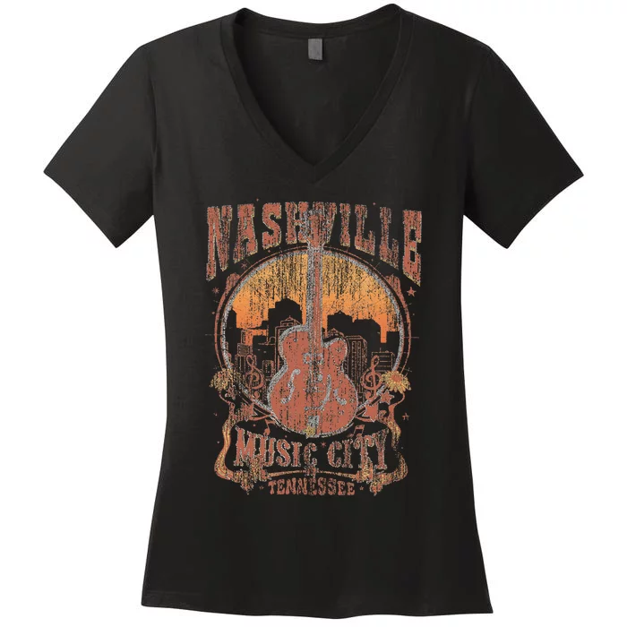 Nashville Tennessee Guitar Country Music City Guitarist Women's V-Neck T-Shirt