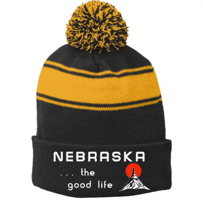 Nebraska The Good Life Vintage Road Sign Stripe Pom Pom Beanie