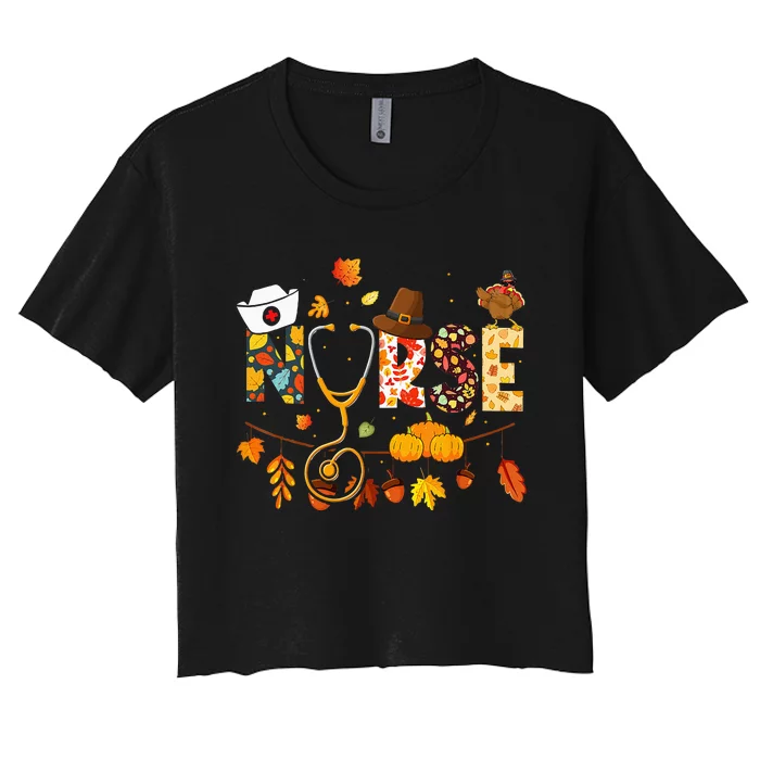 Nurse Thanksgiving Health Worker Nursing Fall Turkey Women's Crop Top Tee