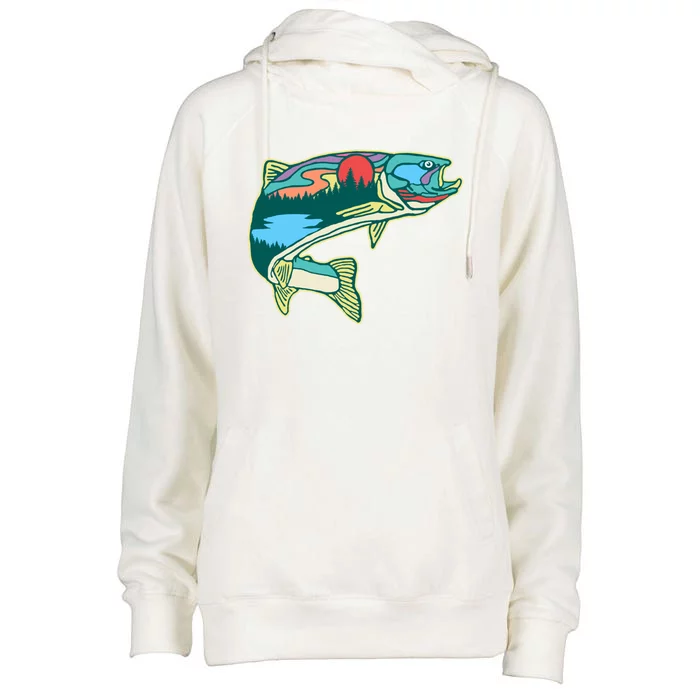 Nature Trout Illustration Vintage Fly Fishing Retro Graphic Gift Womens Funnel Neck Pullover Hood