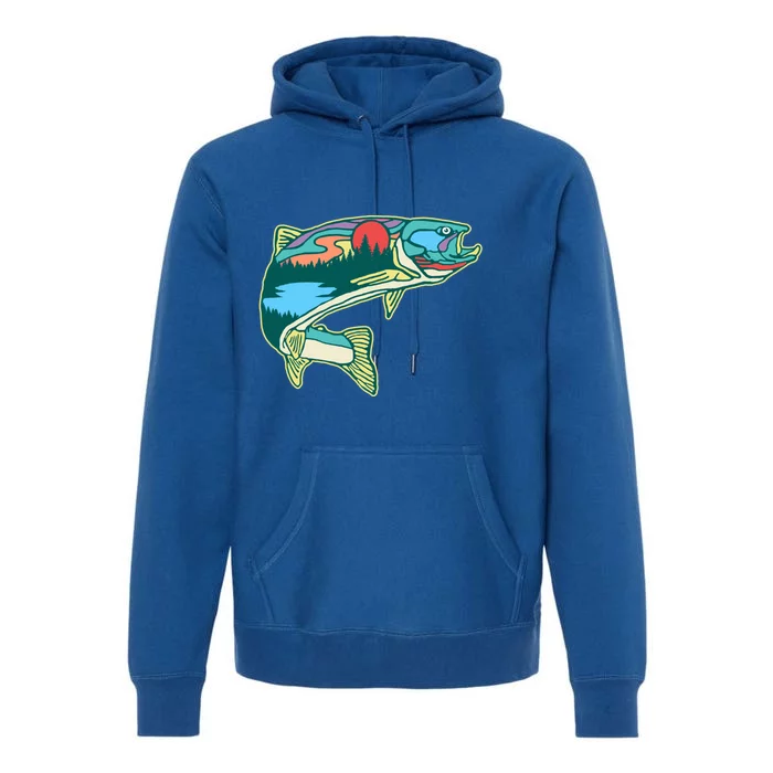 Nature Trout Illustration Vintage Fly Fishing Retro Graphic Gift Premium Hoodie