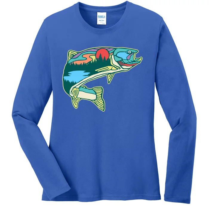 Nature Trout Illustration Vintage Fly Fishing Retro Graphic Gift Ladies Long Sleeve Shirt