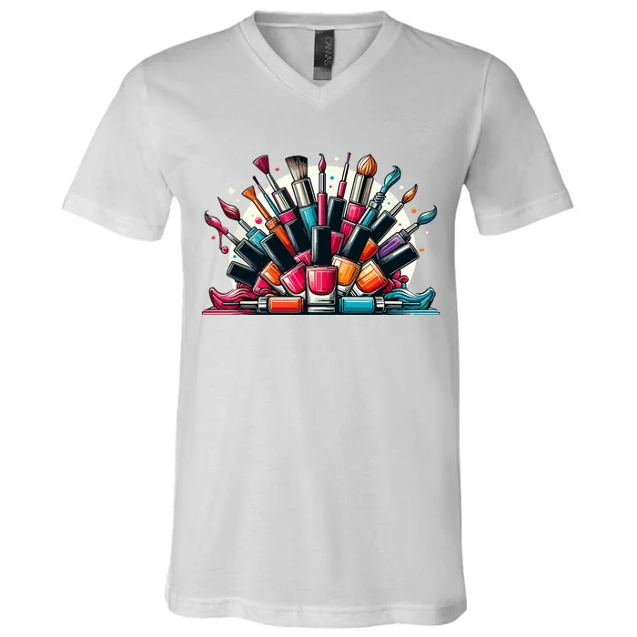 Nail Tech Polish And Tote Bag Manicure Spa Travel V-Neck T-Shirt