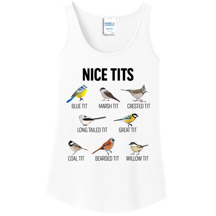 Nice Tits Pun Joke Funny Bird Lover Enthusiast Birdwatcher Ladies Essential Tank