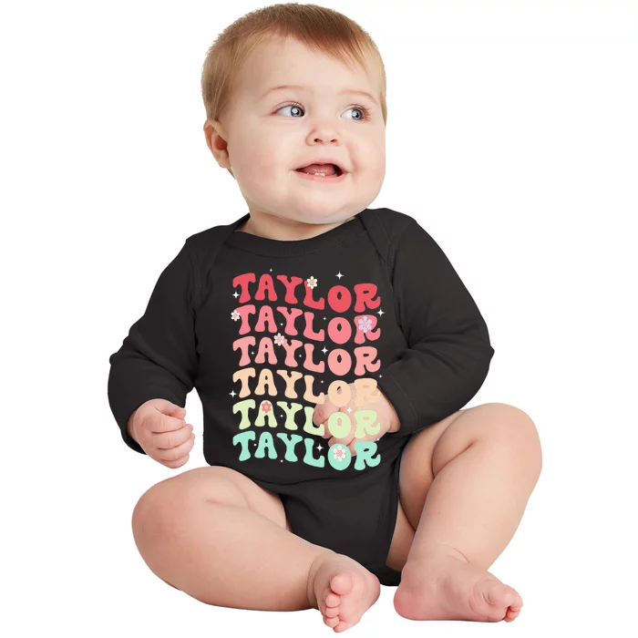 Name T.AYLOR Retro Groovy 80's 70's Colourful Baby Long Sleeve Bodysuit