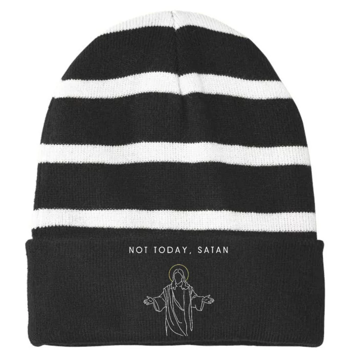 Not Today Satan Jesus Halo Illustration Minimalist Striped Beanie with Solid Band