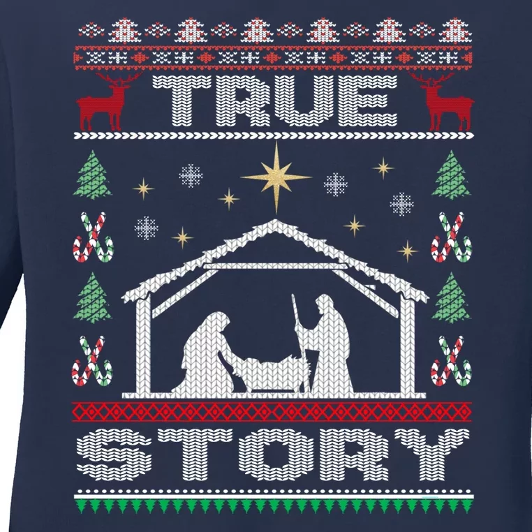 Nativity True Story Christmas Ladies Long Sleeve Shirt