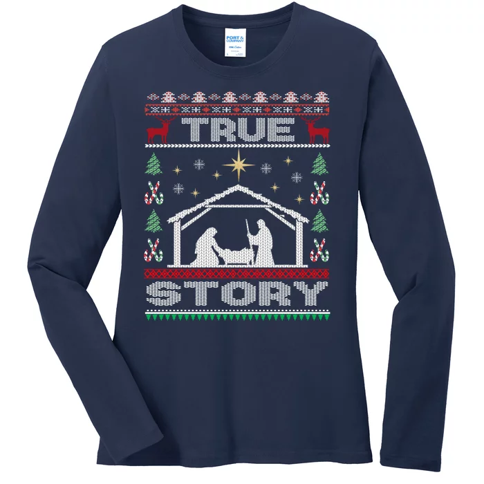 Nativity True Story Christmas Ladies Long Sleeve Shirt