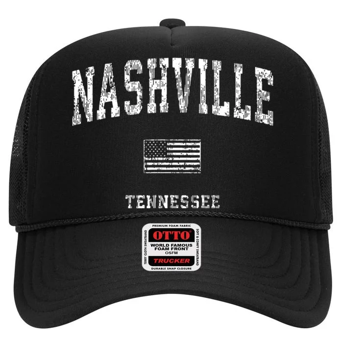 Nashville Tennessee Tn Vintage American Flag High Crown Mesh Trucker Hat