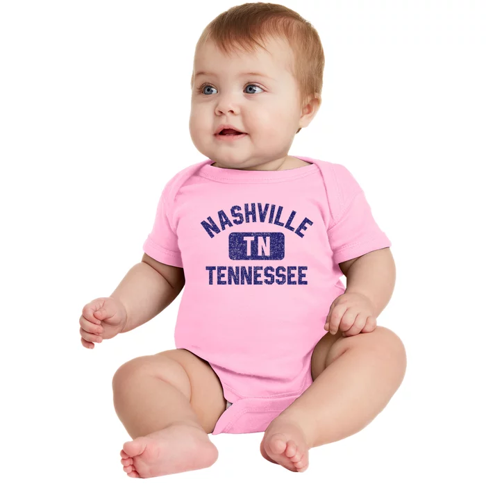 Nashville TN Tennessee Gym Style Distressed Navy Blue Print Baby Bodysuit