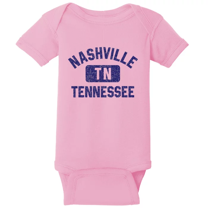 Nashville TN Tennessee Gym Style Distressed Navy Blue Print Baby Bodysuit