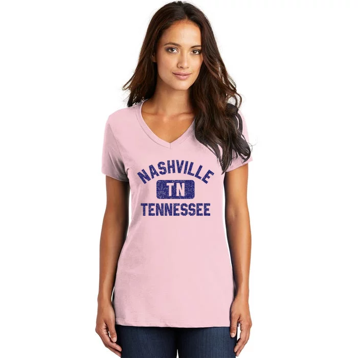 Nashville TN Tennessee Gym Style Distressed Navy Blue Print Women's V-Neck T-Shirt