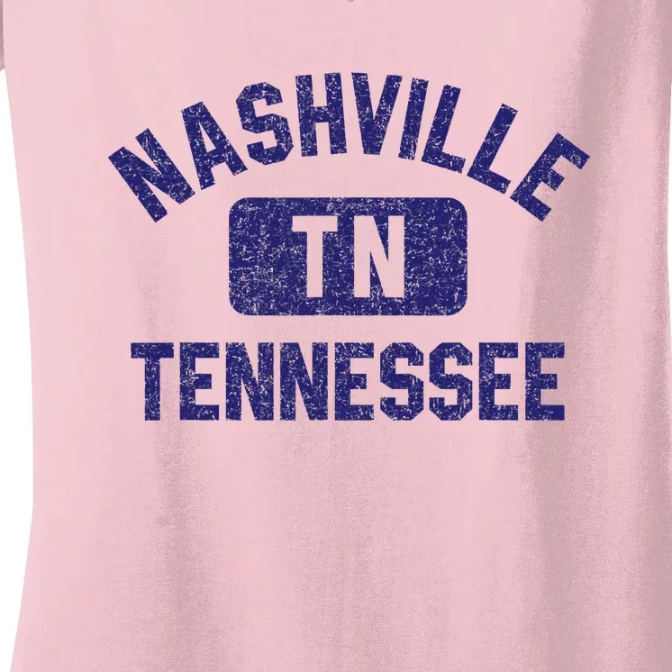 Nashville TN Tennessee Gym Style Distressed Navy Blue Print Women's V-Neck T-Shirt