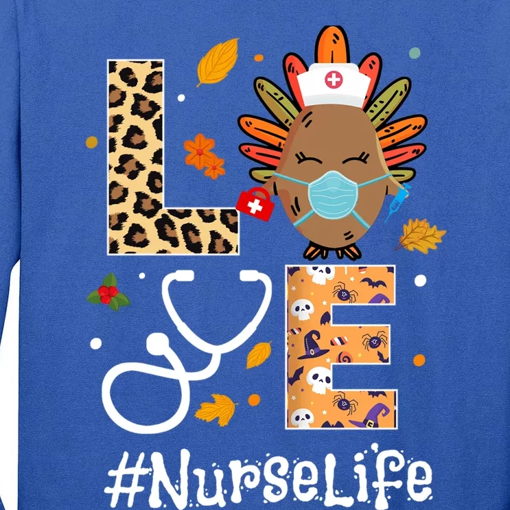 Nurse Thanksgiving Turkey Wear Mask Love Nurse Life Leopard Gift Tall Long Sleeve T-Shirt