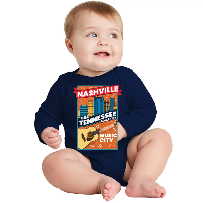 Nashville Tennessee Usa Music City Guitar Musician Music Gift Baby Long Sleeve Bodysuit