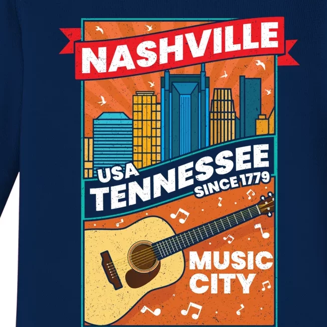 Nashville Tennessee Usa Music City Guitar Musician Music Gift Baby Long Sleeve Bodysuit