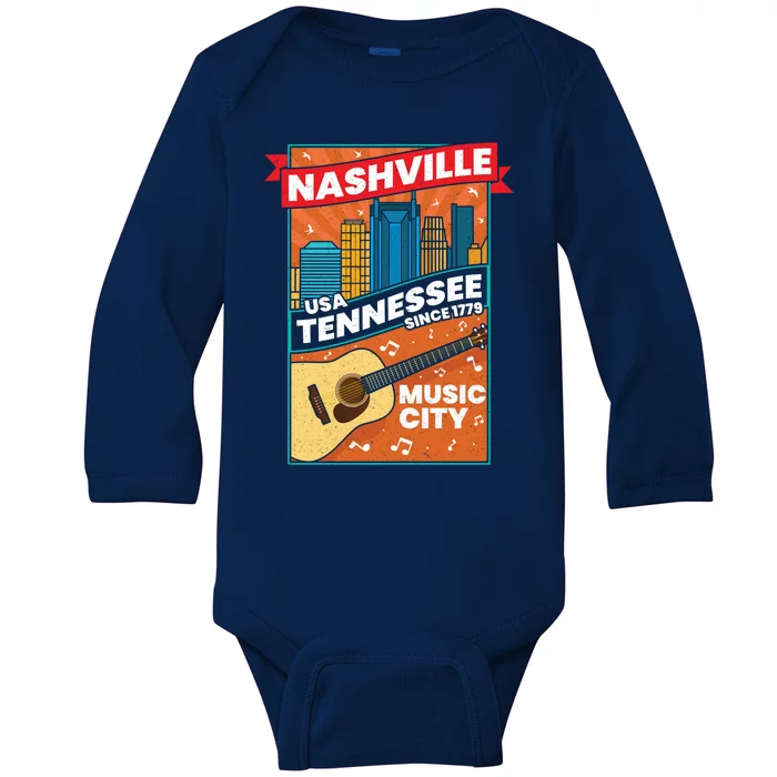 Nashville Tennessee Usa Music City Guitar Musician Music Gift Baby Long Sleeve Bodysuit