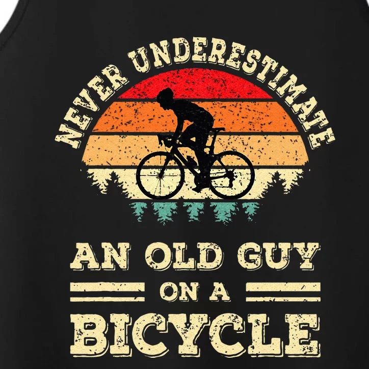 Never Underestimate An Old Guy On A Bicycle Funny Cycling Performance Tank