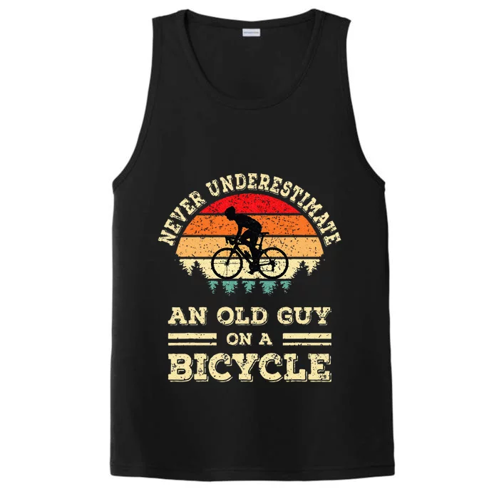 Never Underestimate An Old Guy On A Bicycle Funny Cycling Performance Tank