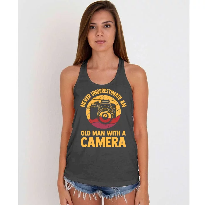 Never Underestimate An Old Man With A Camera Photography Women's Knotted Racerback Tank