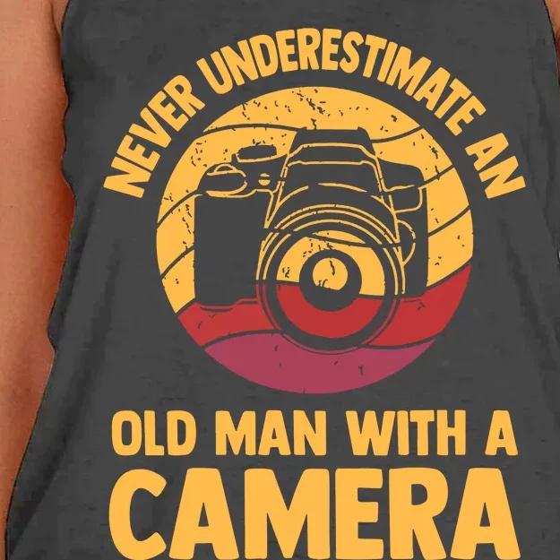 Never Underestimate An Old Man With A Camera Photography Women's Knotted Racerback Tank