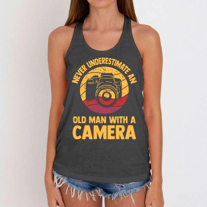 Never Underestimate An Old Man With A Camera Photography Women's Knotted Racerback Tank