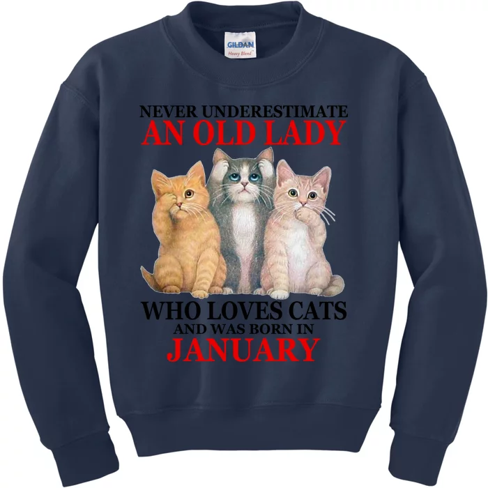 Never Underestimate An Old Lady Who Loves Cats January Kids Sweatshirt